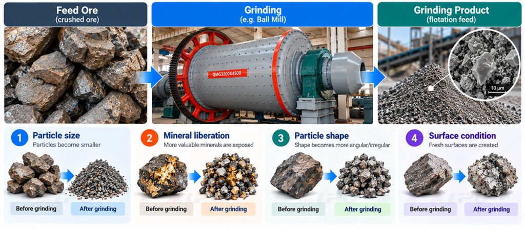 Technical diagram showing how grinding can influence particle size, mineral liberation, particle shape and surface condition before flotation.