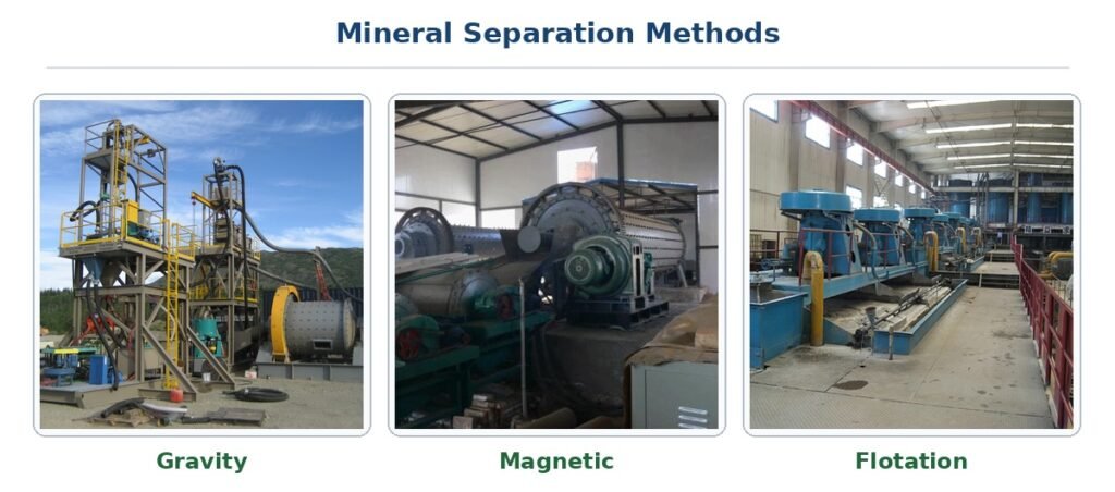 Real gravity separation, magnetic separation and flotation processing sites used in mineral beneficiation
