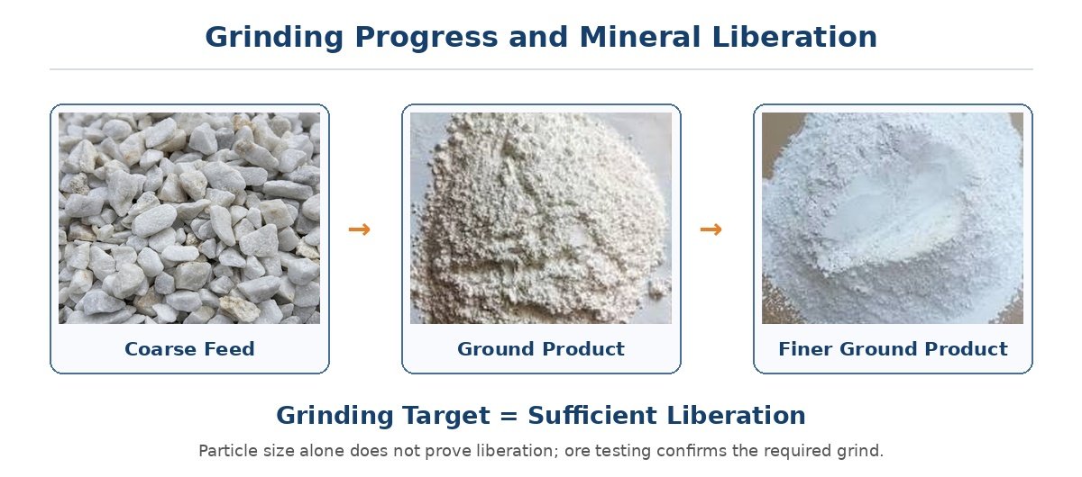 Locked, partially liberated and liberated mineral particles showing the purpose of ore grinding.