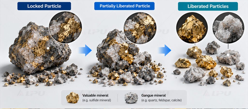 Technical illustration comparing locked, partially liberated and liberated mineral particles before flotation separation.