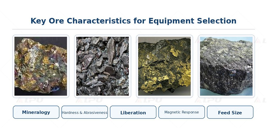 Ore characteristics including mineralogy, hardness, liberation, magnetic response and feed size used for mineral processing equipment selection.