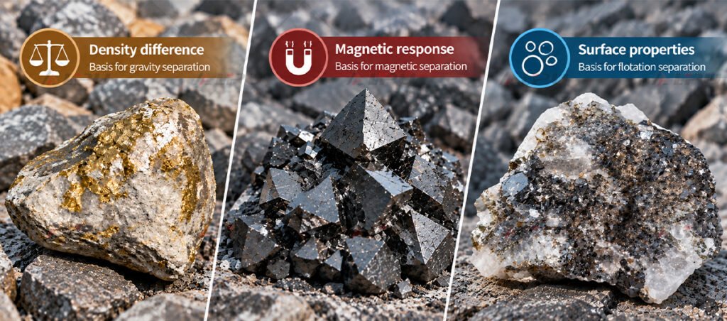  Ore properties including density, magnetic susceptibility and surface behavior used to determine mineral separation strategy.