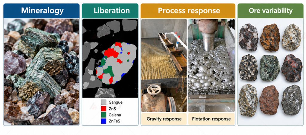 Ore mineralogy, liberation, process response and variability data used for mineral processing flowsheet development.