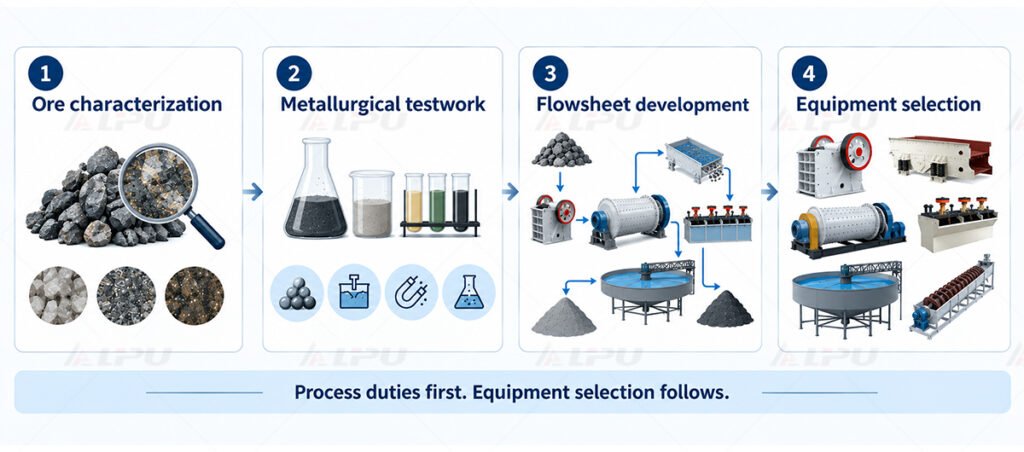 Ore characterization and metallurgical testwork leading through flowsheet development to mineral processing equipment selection.
