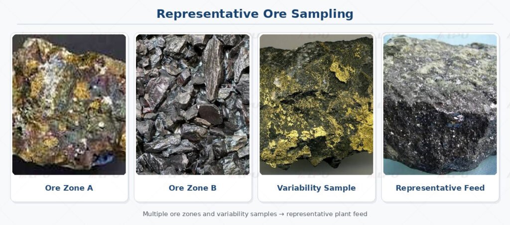 Multiple representative ore samples showing different mineralization and feed characteristics before mineral processing flowsheet development