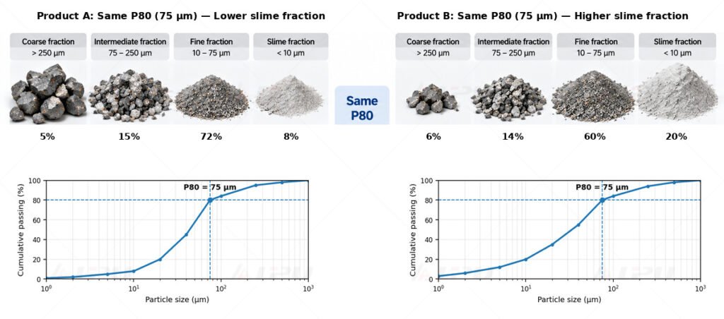 Engineering diagram comparing two grinding products with similar P80 values but different coarse, intermediate and fine particle distributions.