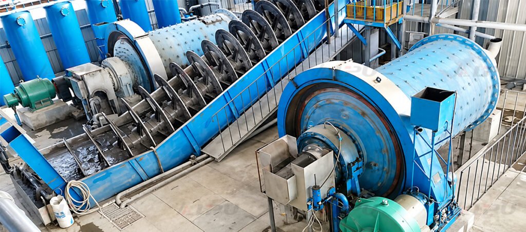 Real ball mill and classifier operating together in a closed mineral grinding circuit.