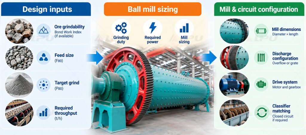 Engineering diagram showing ore properties, feed condition, grinding target, throughput and circuit requirements influencing ball mill sizing.