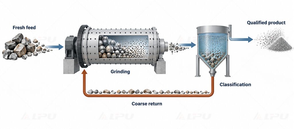 Closed-circuit ball mill diagram showing grinding, classification, qualified product discharge and coarse particle return.