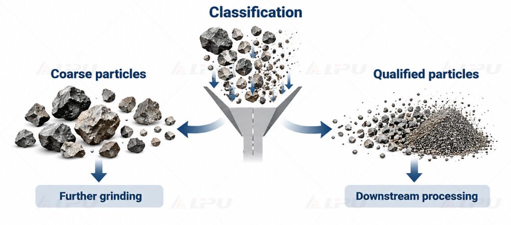 Mineral classification diagram separating coarse particles for regrinding from qualified particles for downstream processing.