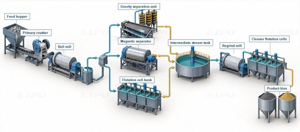 Mineral processing diagram showing primary separation, intermediate streams and further treatment within a combined separation strategy.
