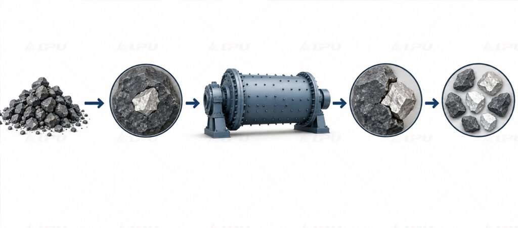 Progression from crushed ore through grinding to locked, partially liberated and liberated mineral particles.