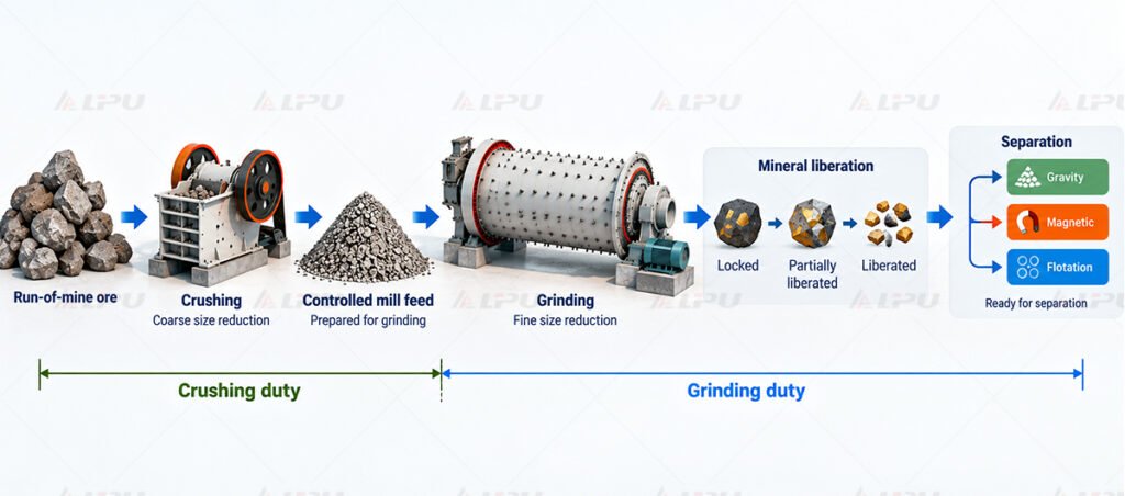 Crushing and grinding circuit showing progressive ore size reduction from run-of-mine ore to liberated mineral particles.