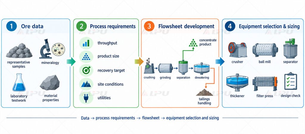 Ore data, process requirements, flowsheet development and equipment sizing sequence for mineral processing plant design.