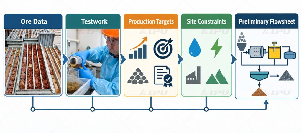 Representative ore data, metallurgical testing, production targets and site constraints leading to mineral processing flowsheet design.