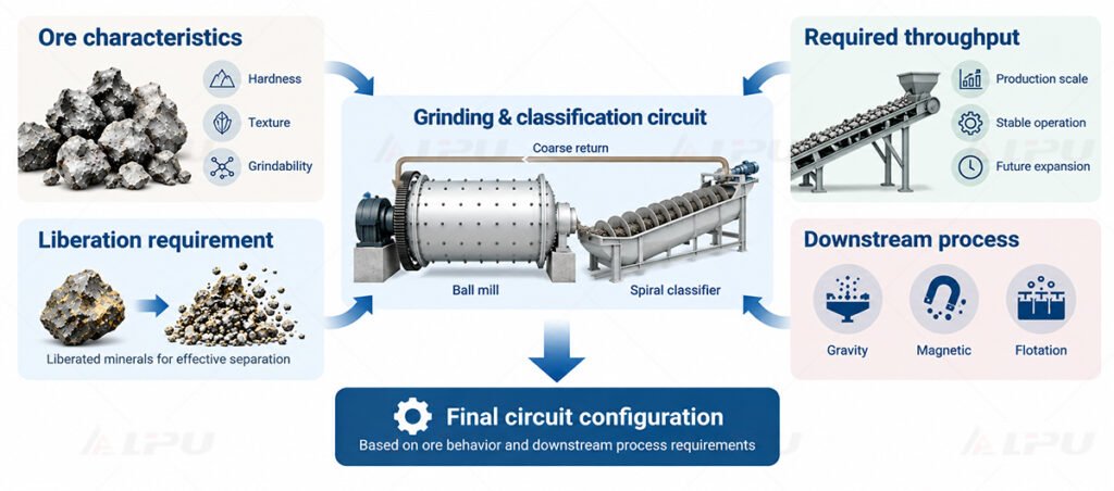 Engineering diagram showing how ore characteristics, mineral liberation, required throughput and downstream process requirements influence grinding and classification circuit design.