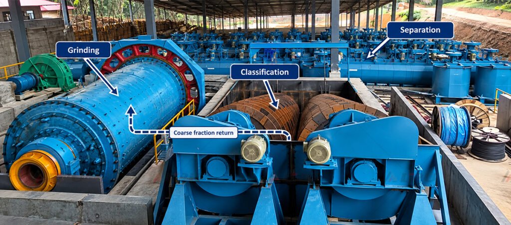 Grinding, classification and mineral separation stages connected within a mineral processing circuit.