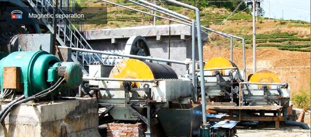 Real magnetic separation equipment processing minerals according to differences in magnetic susceptibility.