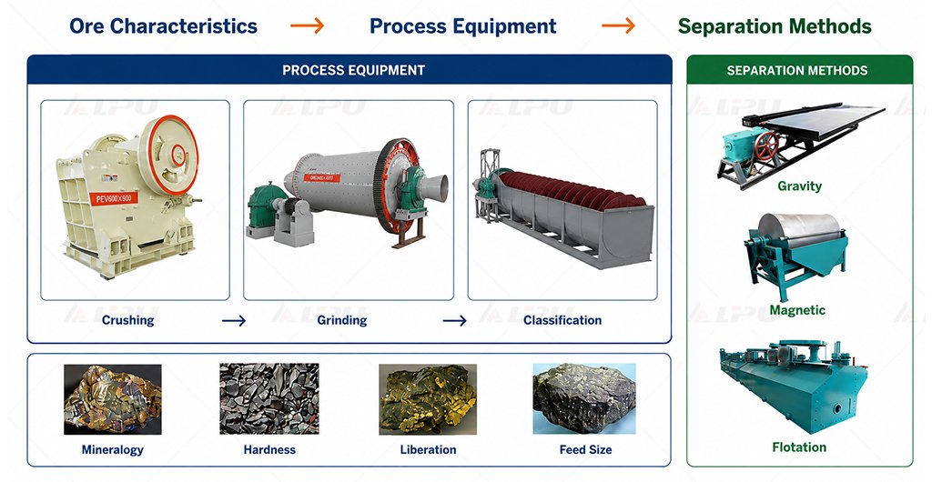 Mineral processing equipment selection based on ore characteristics, crushing, grinding, classification and separation requirements.