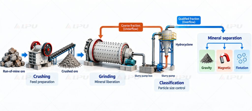 Mineral processing diagram connecting crushing, grinding, classification and downstream mineral separation.