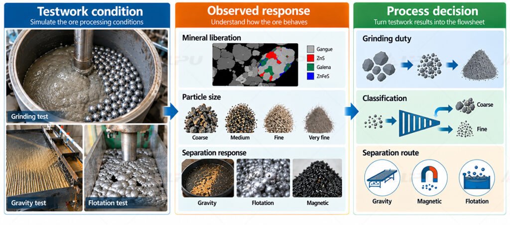 Metallurgical testwork results converted into grinding, classification and mineral separation process decisions.