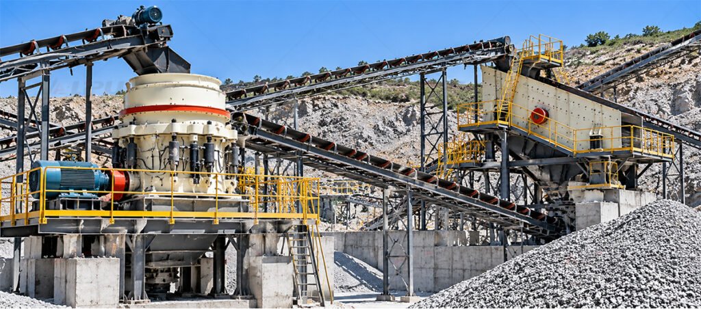 Cone crusher and belt conveyor system installed at a hard rock crushing site