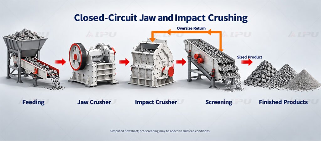 Closed-circuit crushing process with feeding, jaw crusher, impact crusher, screening and oversize return to the impact crusher