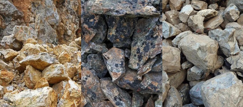 Three real hard rock photographs showing variations in rock fragment size, color, and surface texture.