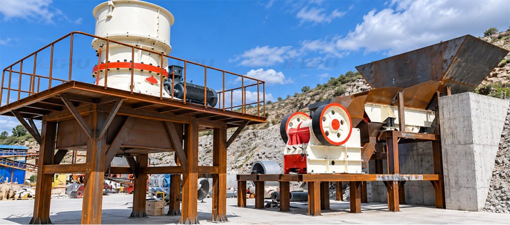 Jaw crusher and cone crusher installed at a hard rock crushing site.