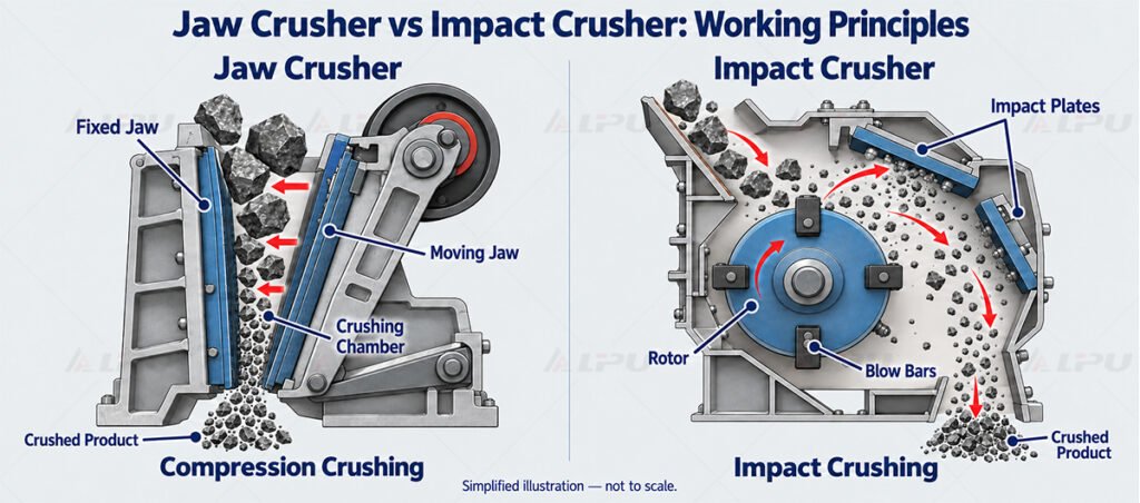 Jaw and impact crusher working principles showing compression, impact and crushed product discharge
