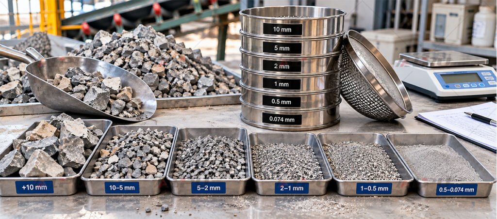 Mineral processing laboratory testwork showing sieve analysis and particle-size sampling of crushed ore before grinding