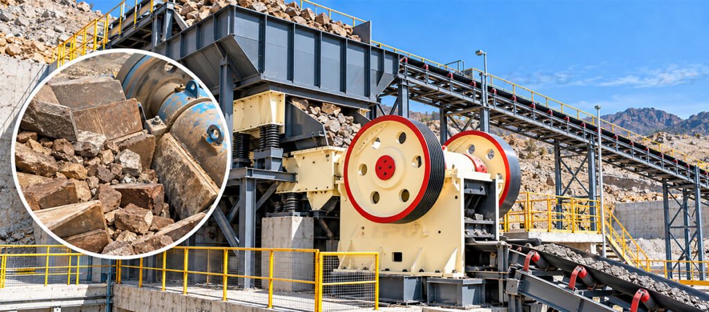 Primary jaw crusher installed in a hard-rock mineral processing plant, reducing run-of-mine ore before secondary crushing.