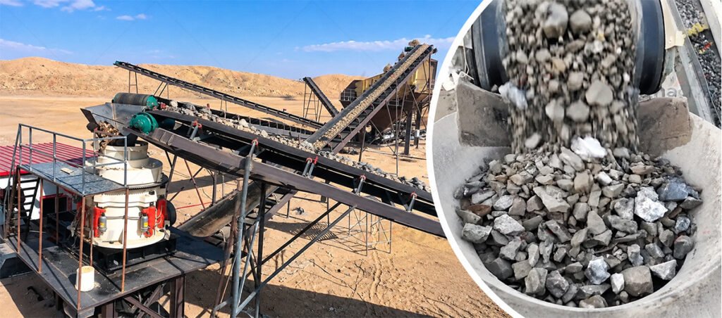 Secondary cone crusher and conveying system with a close-up of crushed rock discharge.