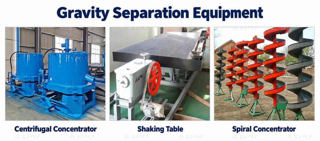 Centrifugal concentrator, shaking table and spiral concentrator for mineral gravity separation