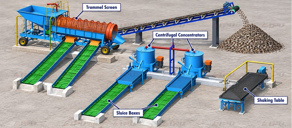 Illustrated gravity separation plant with a trommel screen, centrifugal concentrators, sluice boxes and a shaking table