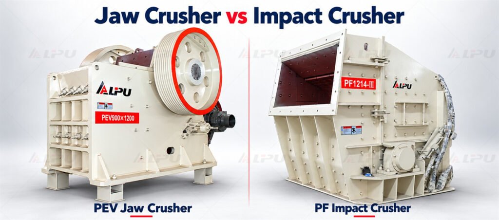 LIPU PEV jaw crusher and PF impact crusher shown side by side