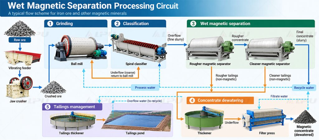 Real mineral processing equipment used for grinding, classification, and wet magnetic separation.